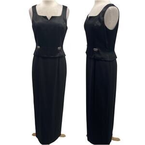 Vintage 90s Papell Boutique Satin Gown Layered Peplum Bodice Embellished Black 8